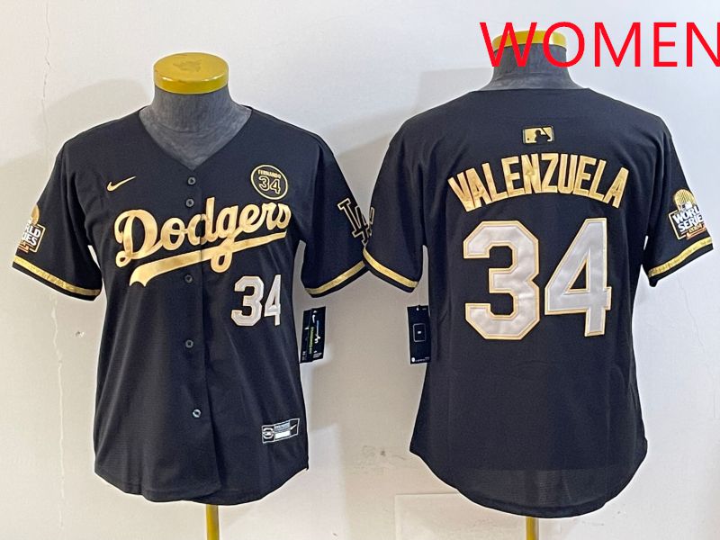 Women Los Angeles Dodgers 34 Valenzuela Black Gold Game 2025 Nike MLB Jersey style 1